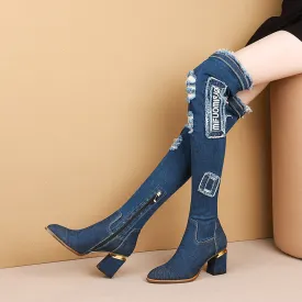 Casual Blue Denim Ripped Chunky Heel Over Knee Boots