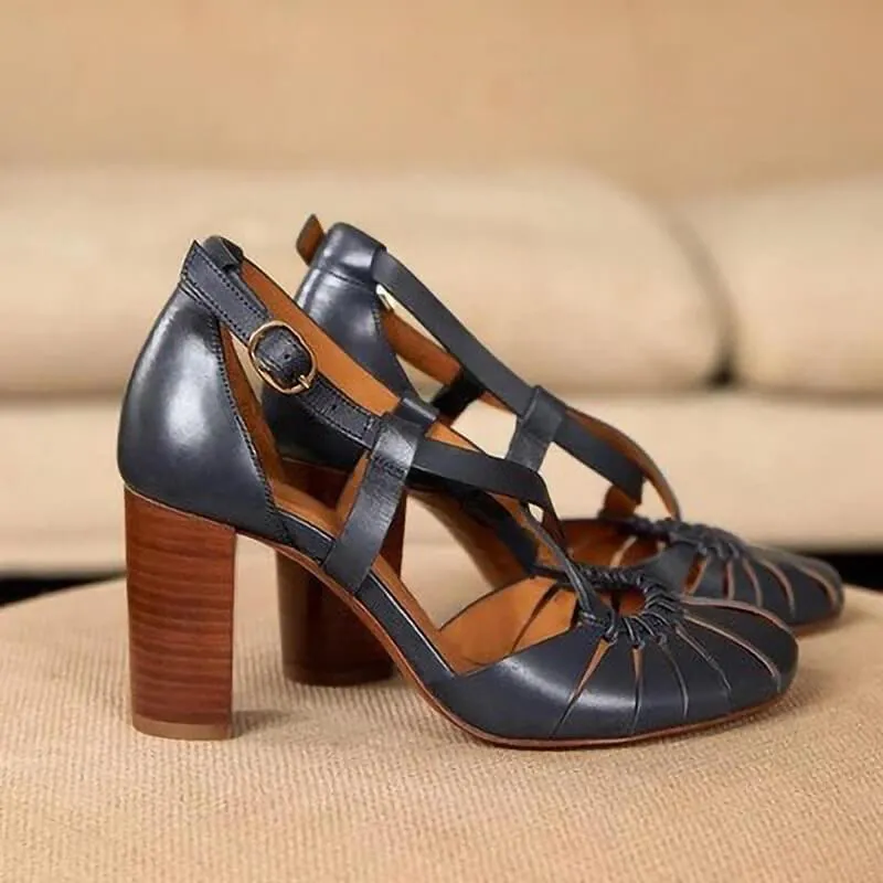 Closed Toe Leather Buckle Chunky High Heel Sandals