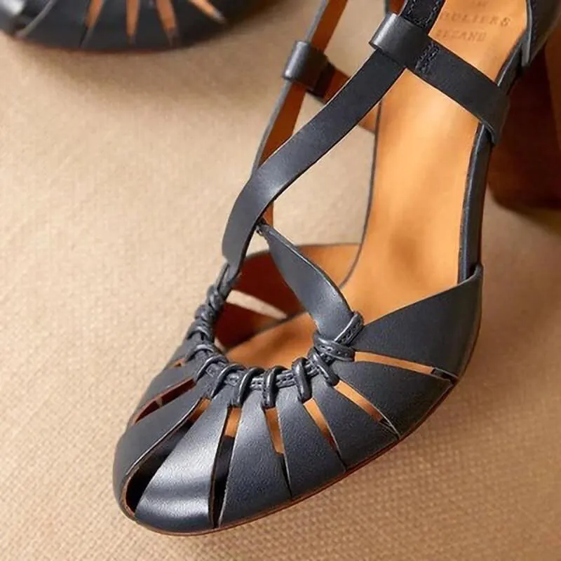 Closed Toe Leather Buckle Chunky High Heel Sandals