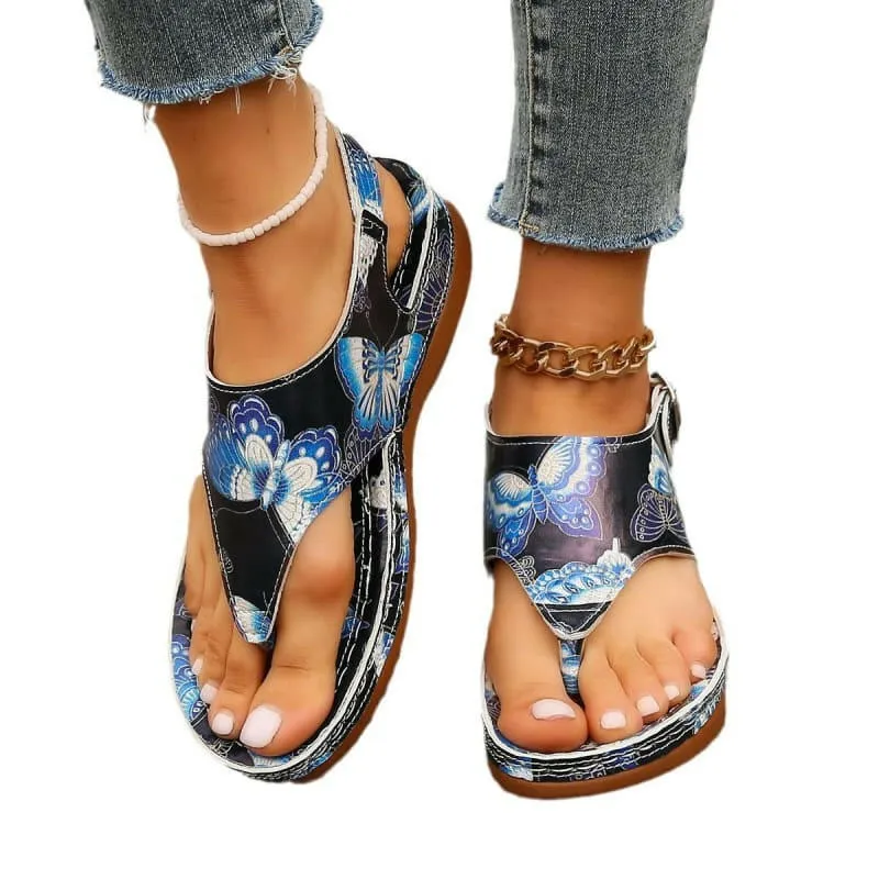 Colorful Anke Buckle Casual Wedge Sandals with Butterfly Design