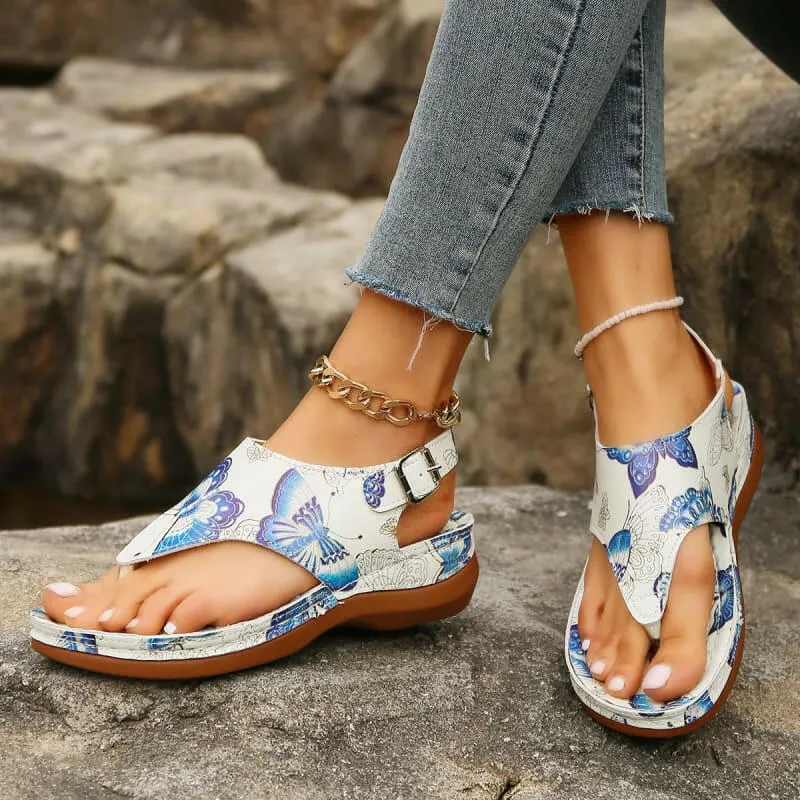 Colorful Anke Buckle Casual Wedge Sandals with Butterfly Design