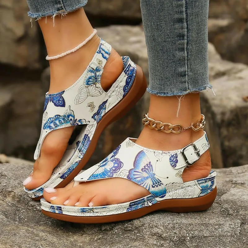 Colorful Anke Buckle Casual Wedge Sandals with Butterfly Design