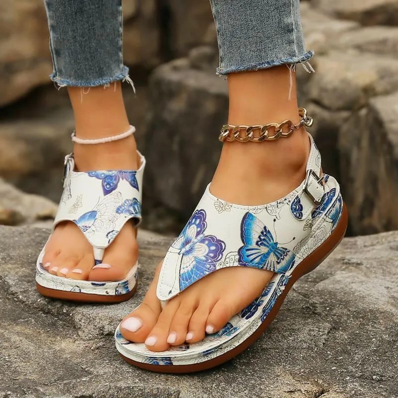 Colorful Anke Buckle Casual Wedge Sandals with Butterfly Design