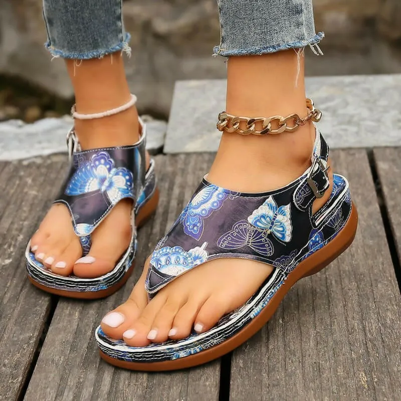 Colorful Anke Buckle Casual Wedge Sandals with Butterfly Design