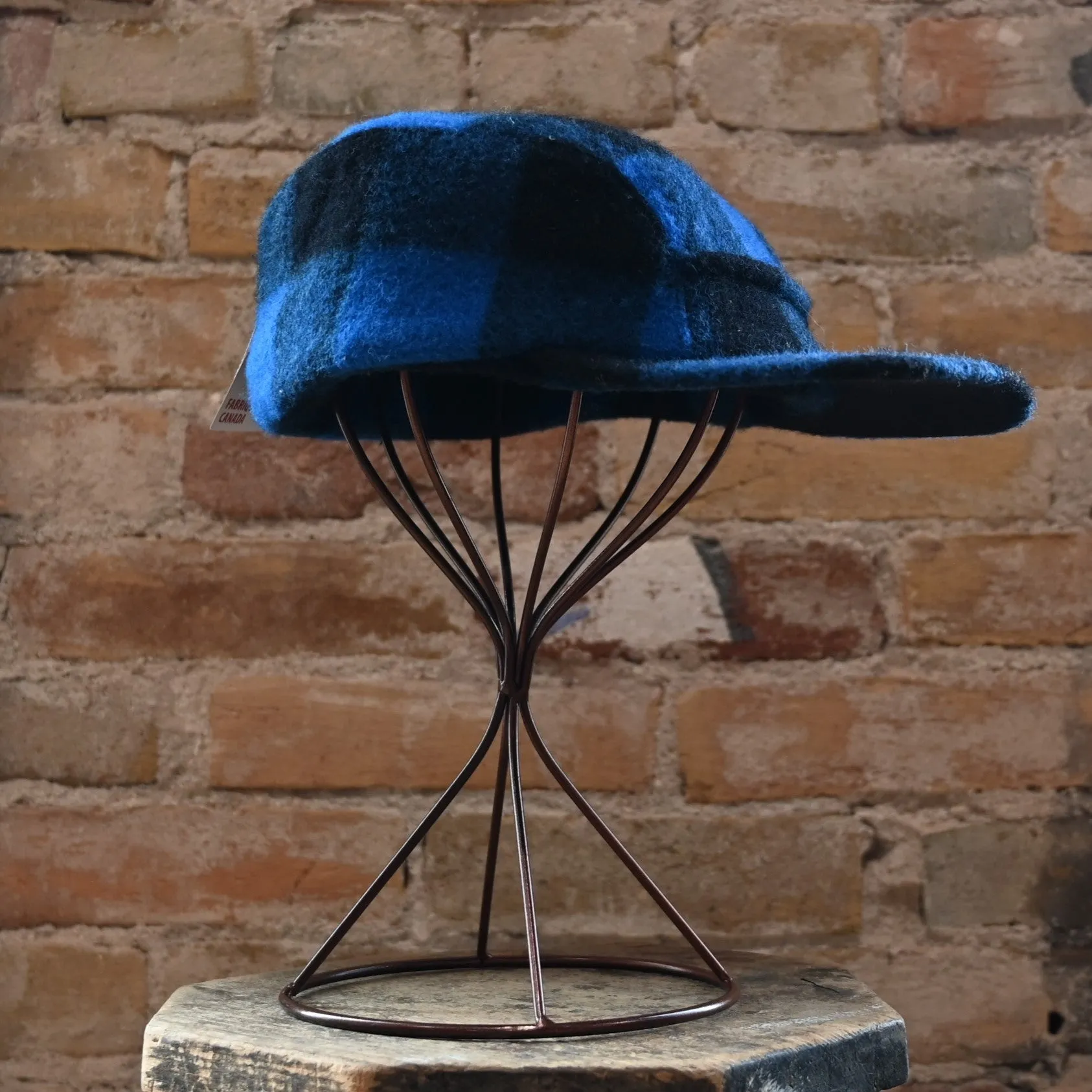 Crown Cap Wool Blend Buffalo Check Winter Ski Cap with Quilted Lining in Royal and Black