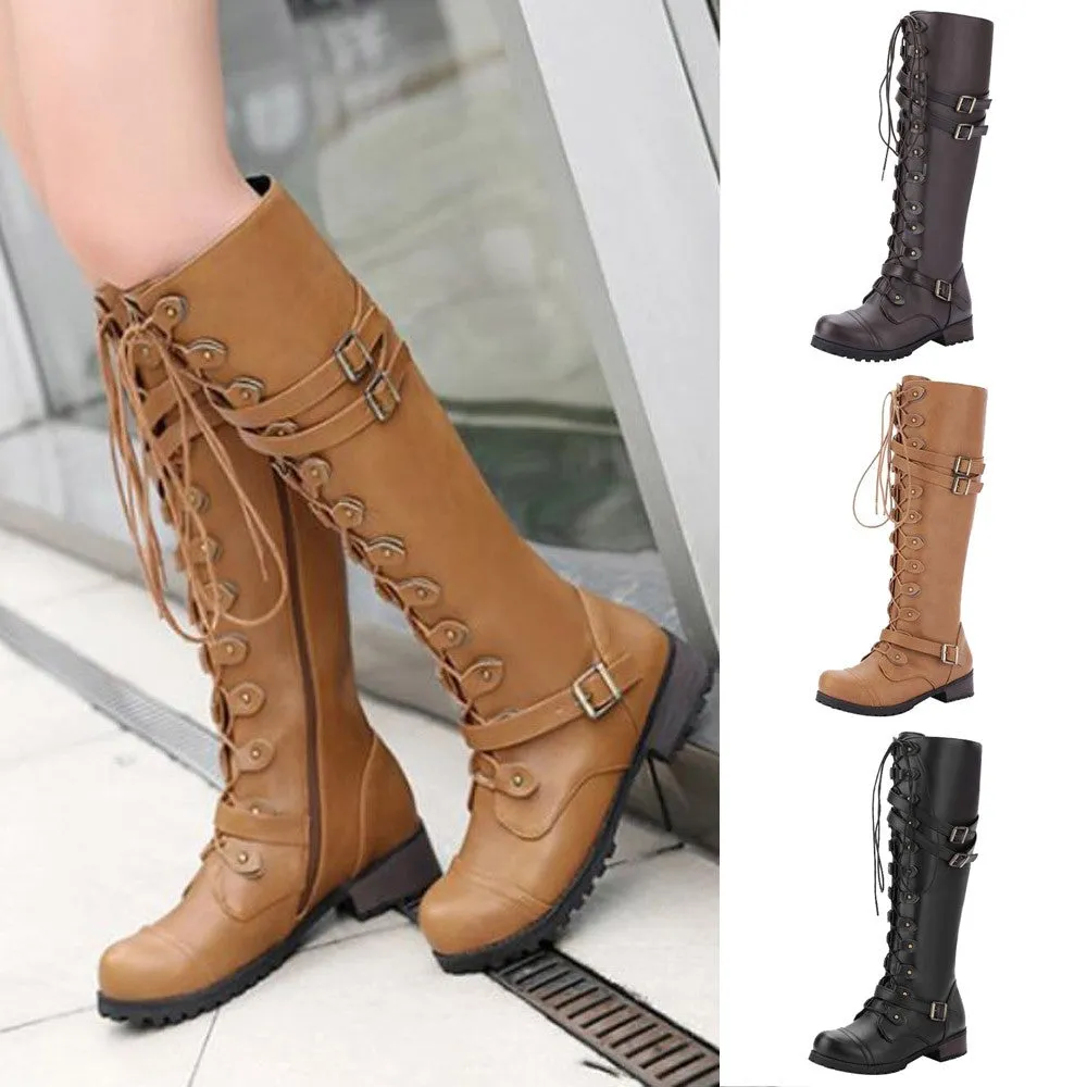 Funki Buys | Boots | Women's Knee High Steampunk Flat Boots