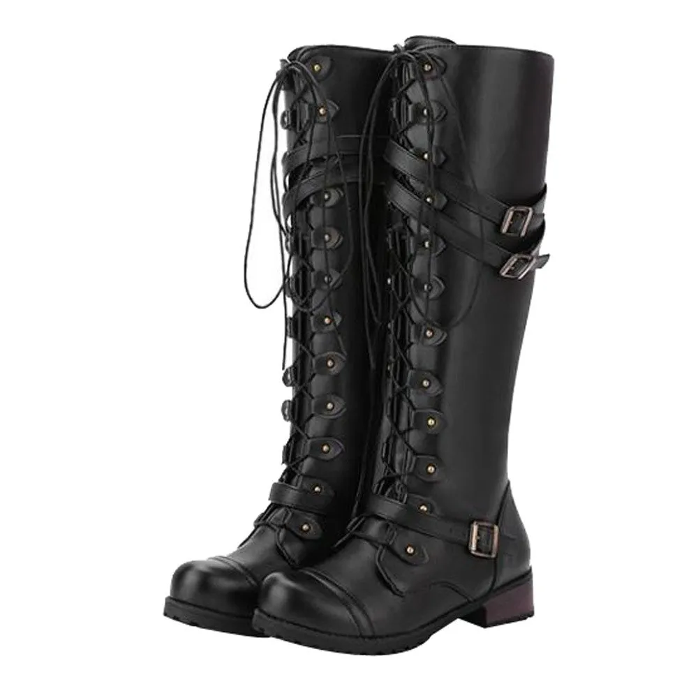 Funki Buys | Boots | Women's Knee High Steampunk Flat Boots