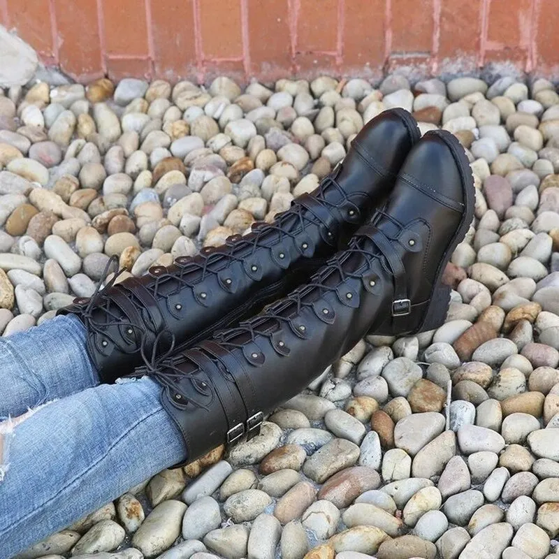 Funki Buys | Boots | Women's Knee High Steampunk Flat Boots