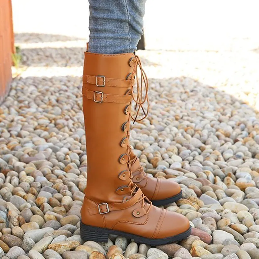 Funki Buys | Boots | Women's Knee High Steampunk Flat Boots