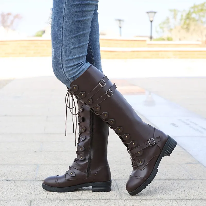 Funki Buys | Boots | Women's Knee High Steampunk Flat Boots