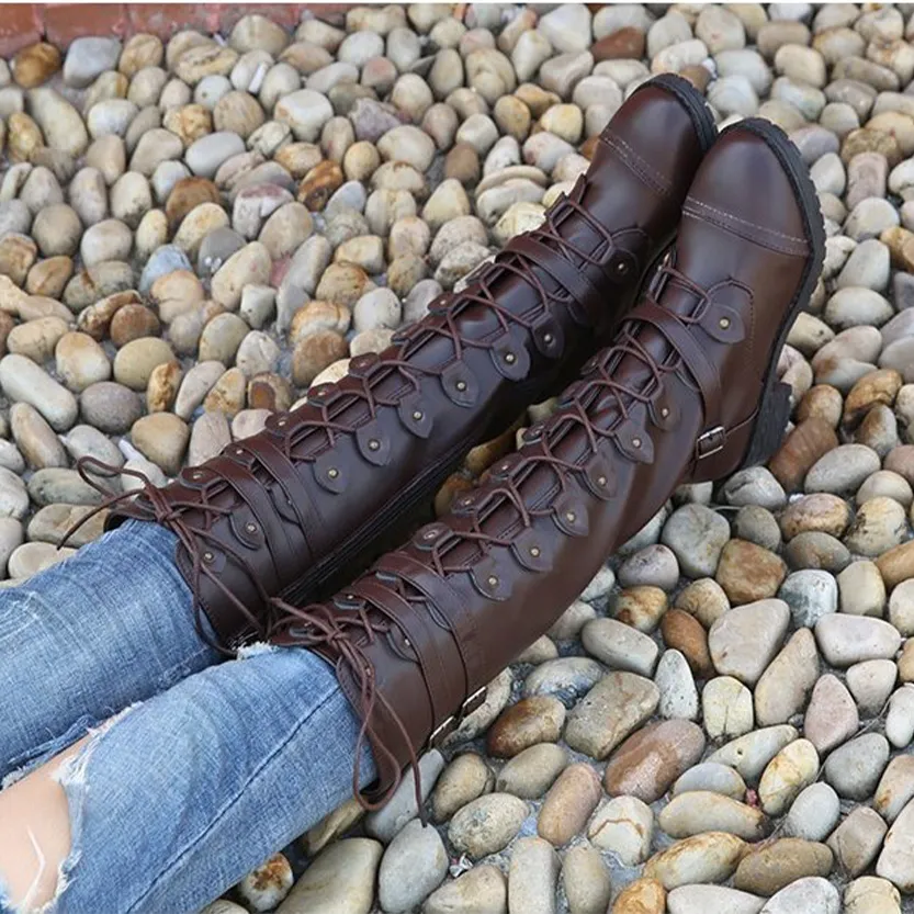 Funki Buys | Boots | Women's Knee High Steampunk Flat Boots