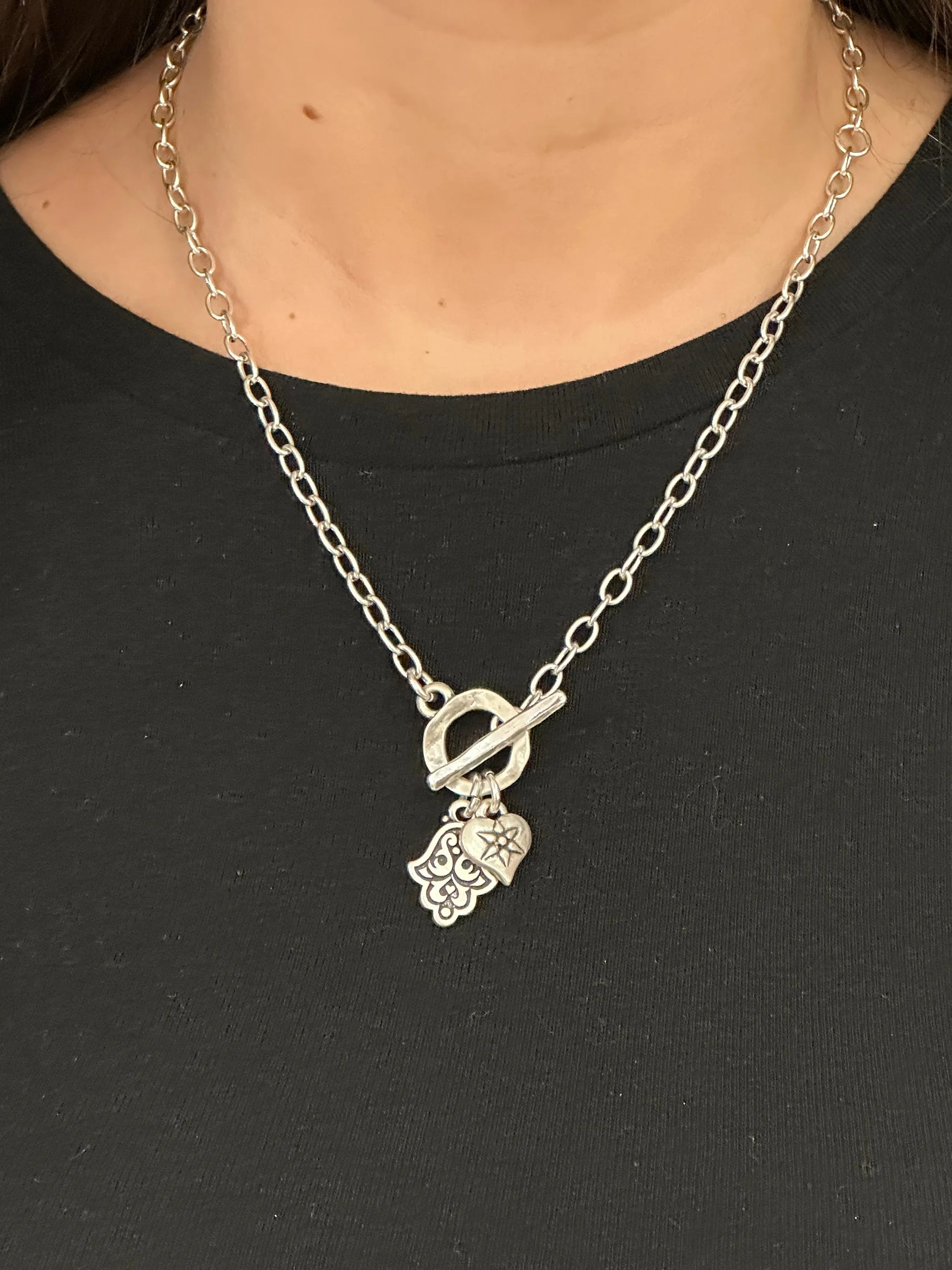 Heart and Hamsa Front Toggle Necklace