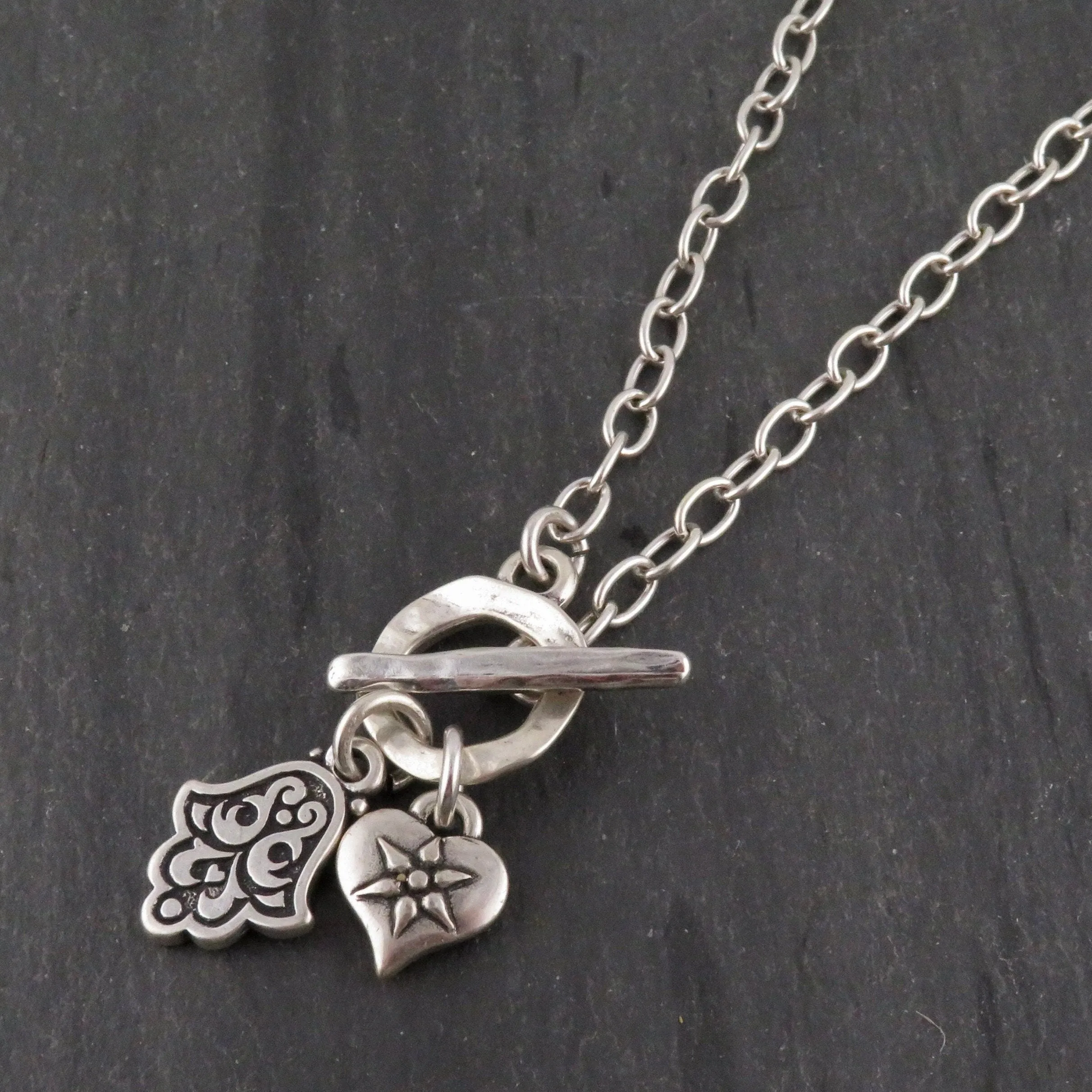 Heart and Hamsa Front Toggle Necklace