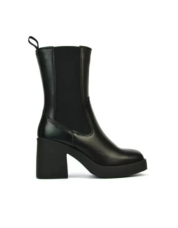 Karina Chunky Mid Block Heel Elasticated Platform Chelsea Ankle Boots in Black Synthetic Leather
