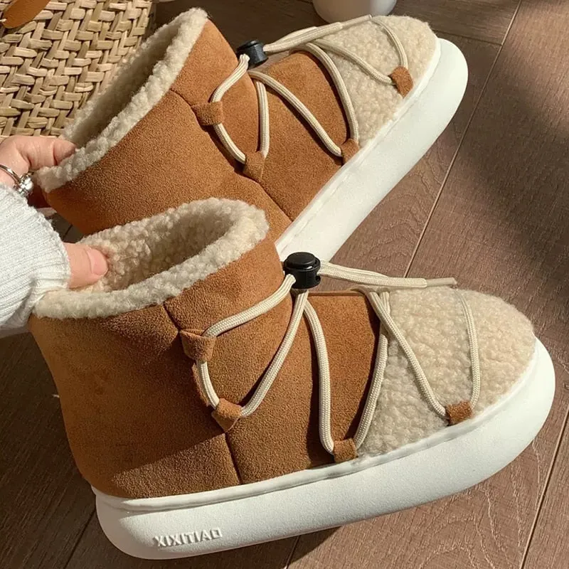 New Winter Warm Snow Boots 2022 Fur Design Women Short Boots Non-slip Light Comfortable Men Home Slippers High Top Bread Shoes