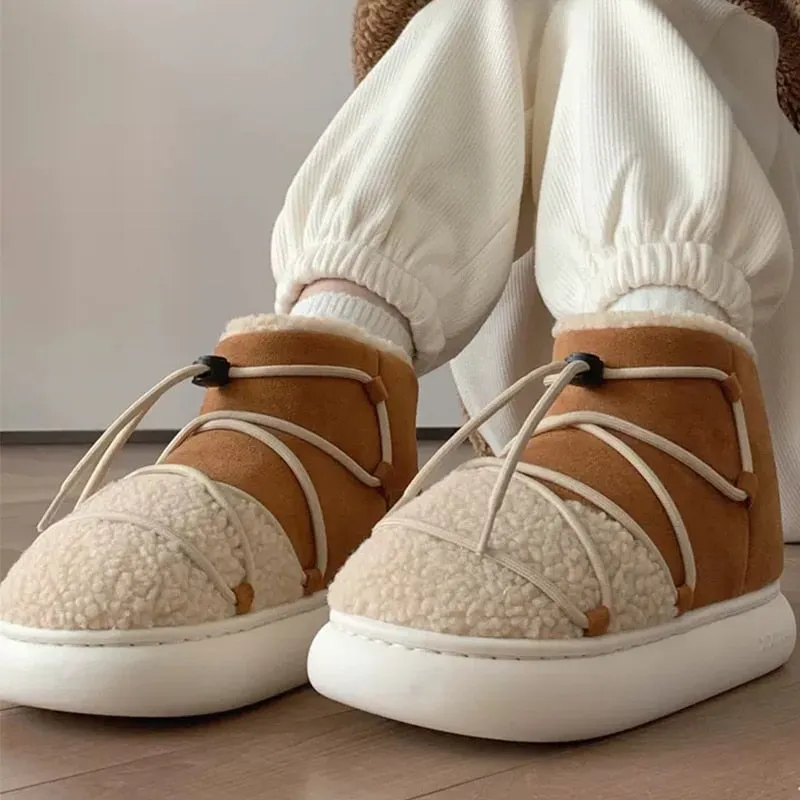 New Winter Warm Snow Boots 2022 Fur Design Women Short Boots Non-slip Light Comfortable Men Home Slippers High Top Bread Shoes
