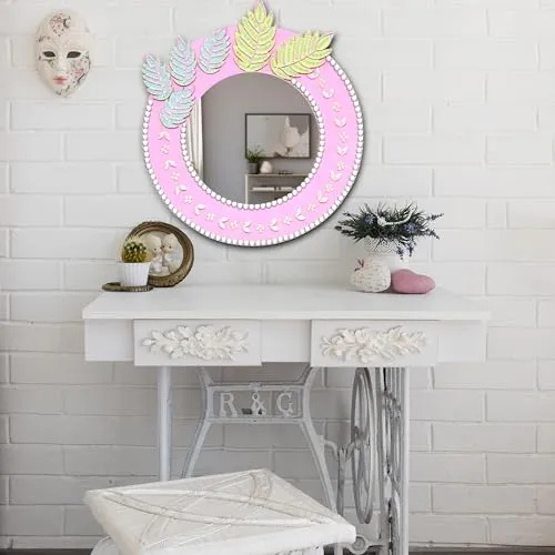 PRISHA'S ART STUDIO Wall Decor, Hanging Mirror, Wall Art for Home & Office, Best for Gifts-(20 Inch X 20 Inch),Pink Colour-MDF Board