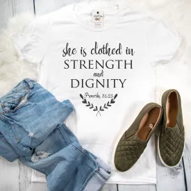 She is Clothed in Strength and Dignity Ladies Short Sleeve Shirt