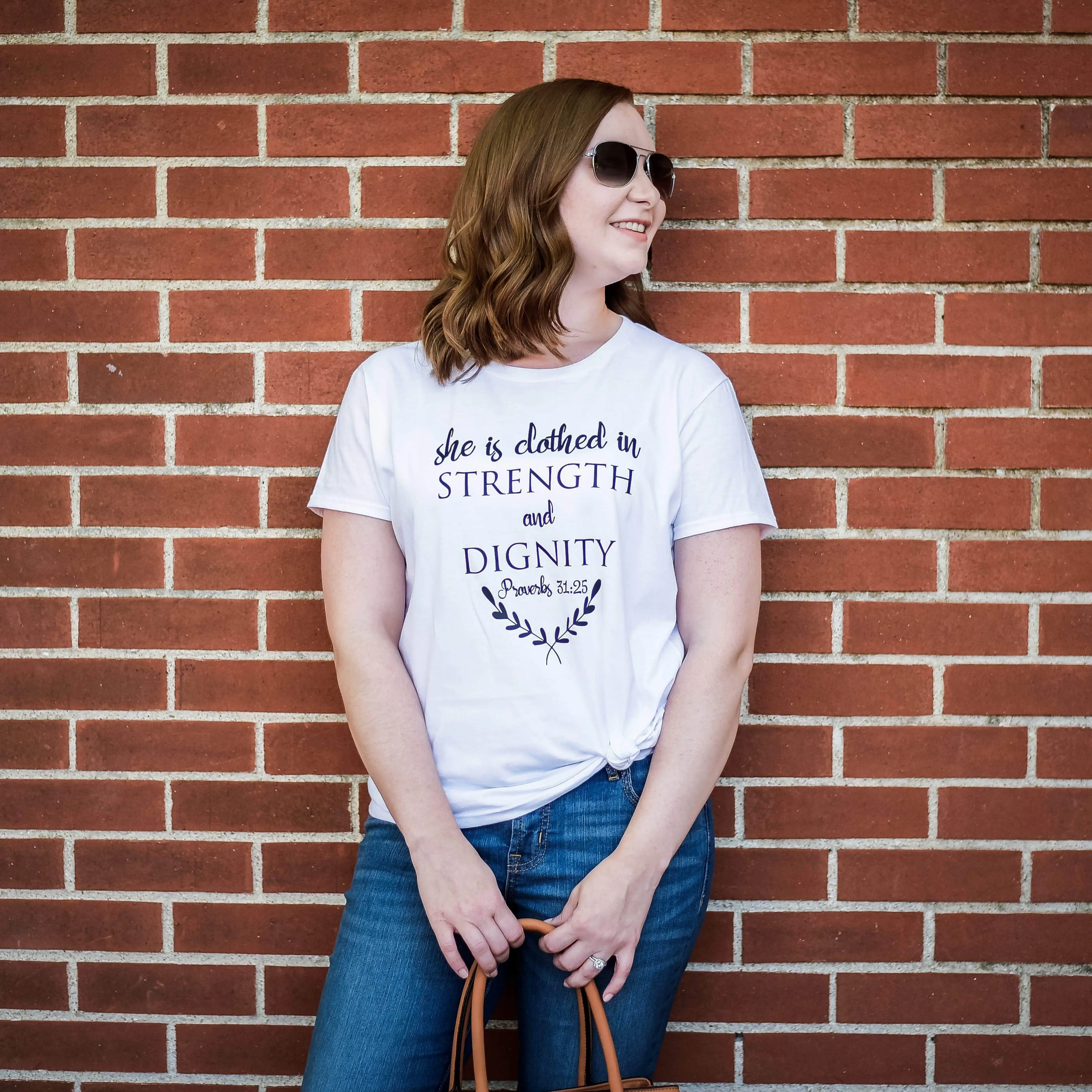 She is Clothed in Strength and Dignity Ladies Short Sleeve Shirt