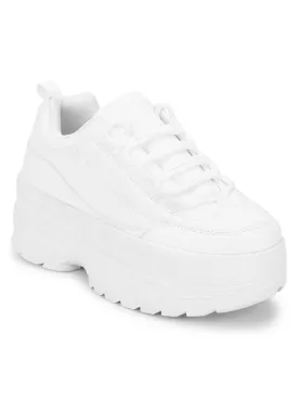 White PU Cleated Bottom Flatform Lace-Up Sneakers