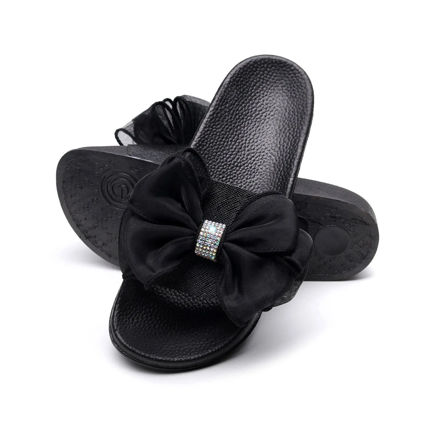 Women rhinestone bowknot strap peep toe slide slippers