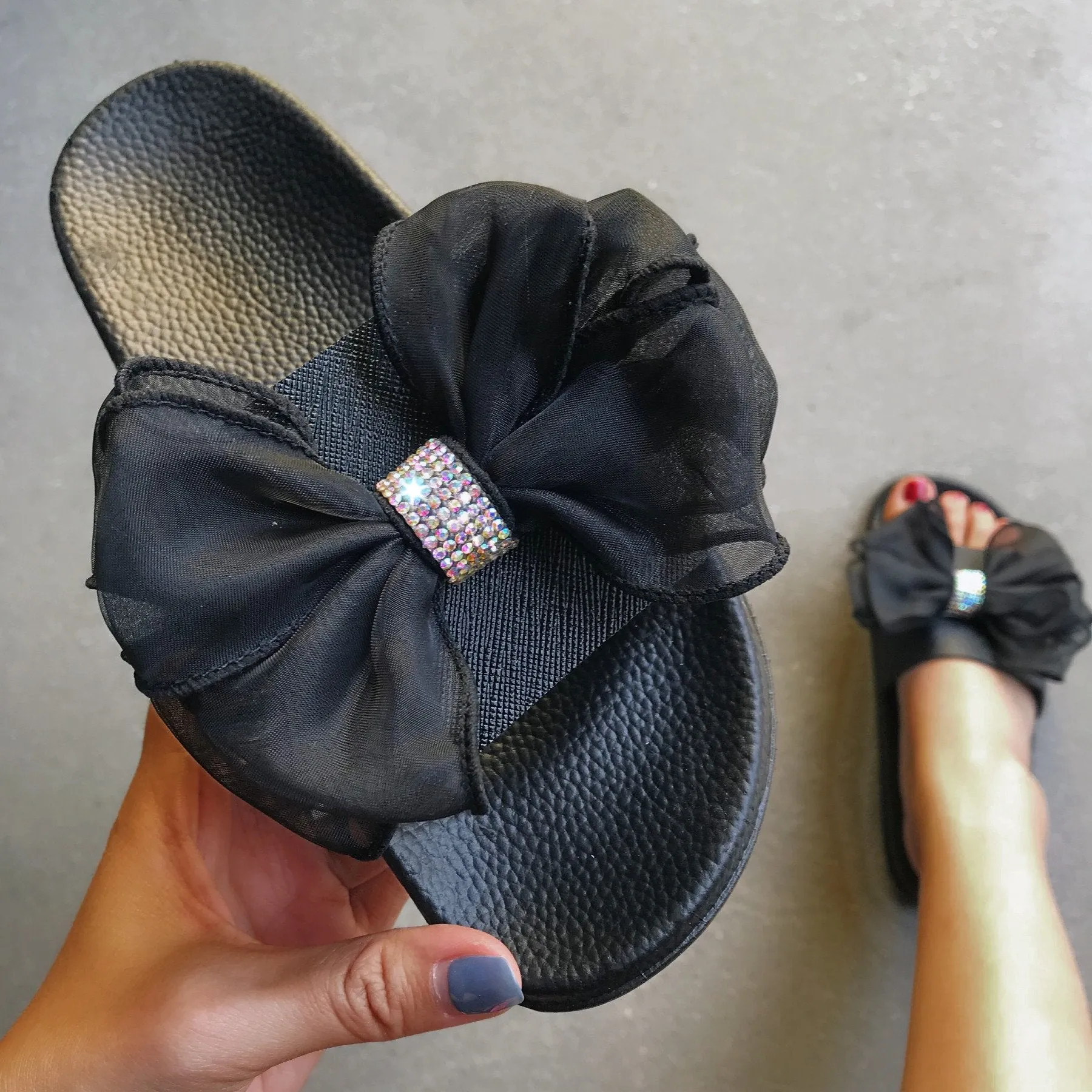 Women rhinestone bowknot strap peep toe slide slippers