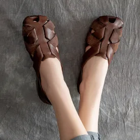 Women's Handmade Leather Retro Weaving Round Toe Summer Flat Sandals